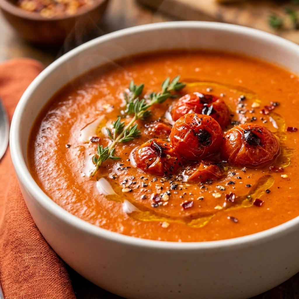 Roasted tomato soup in a bowl with fresh basil and crispy croutons