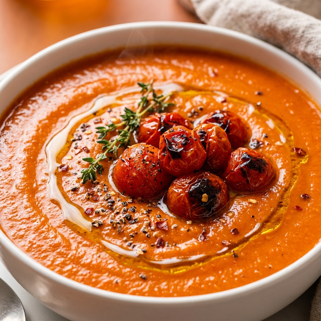 Velvety roasted tomato soup being ladled into a white bowl