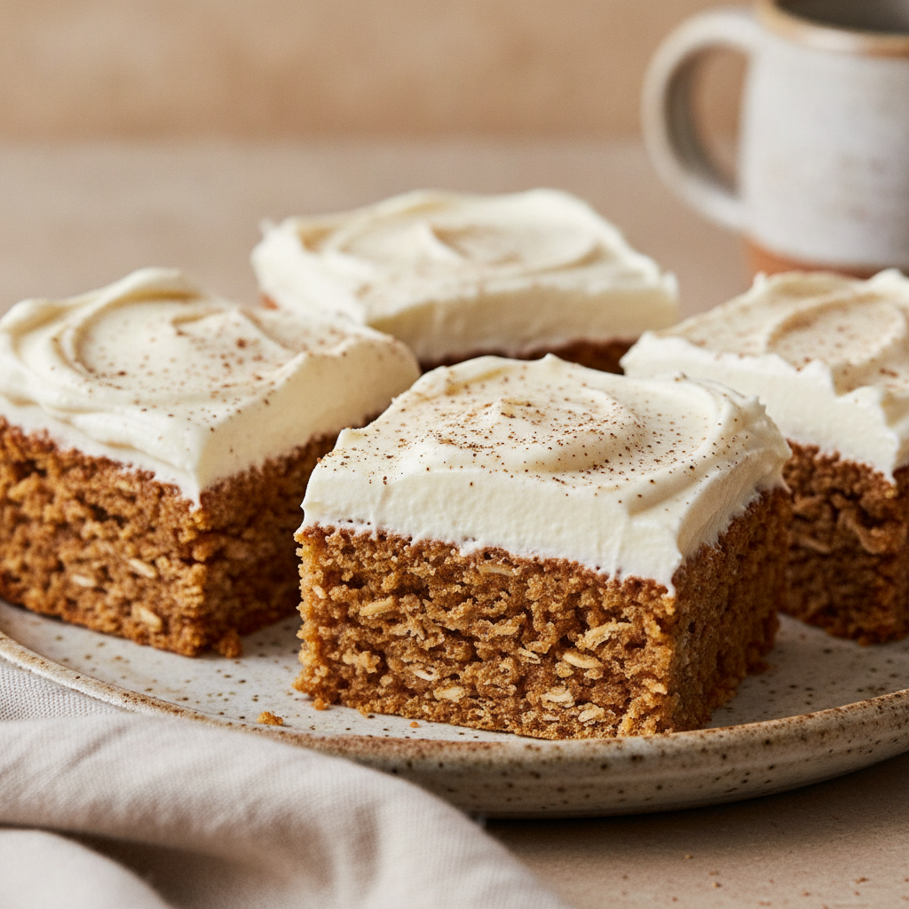 Moist spiced pumpkin oat squares on a white plate with a fork and coffee mug