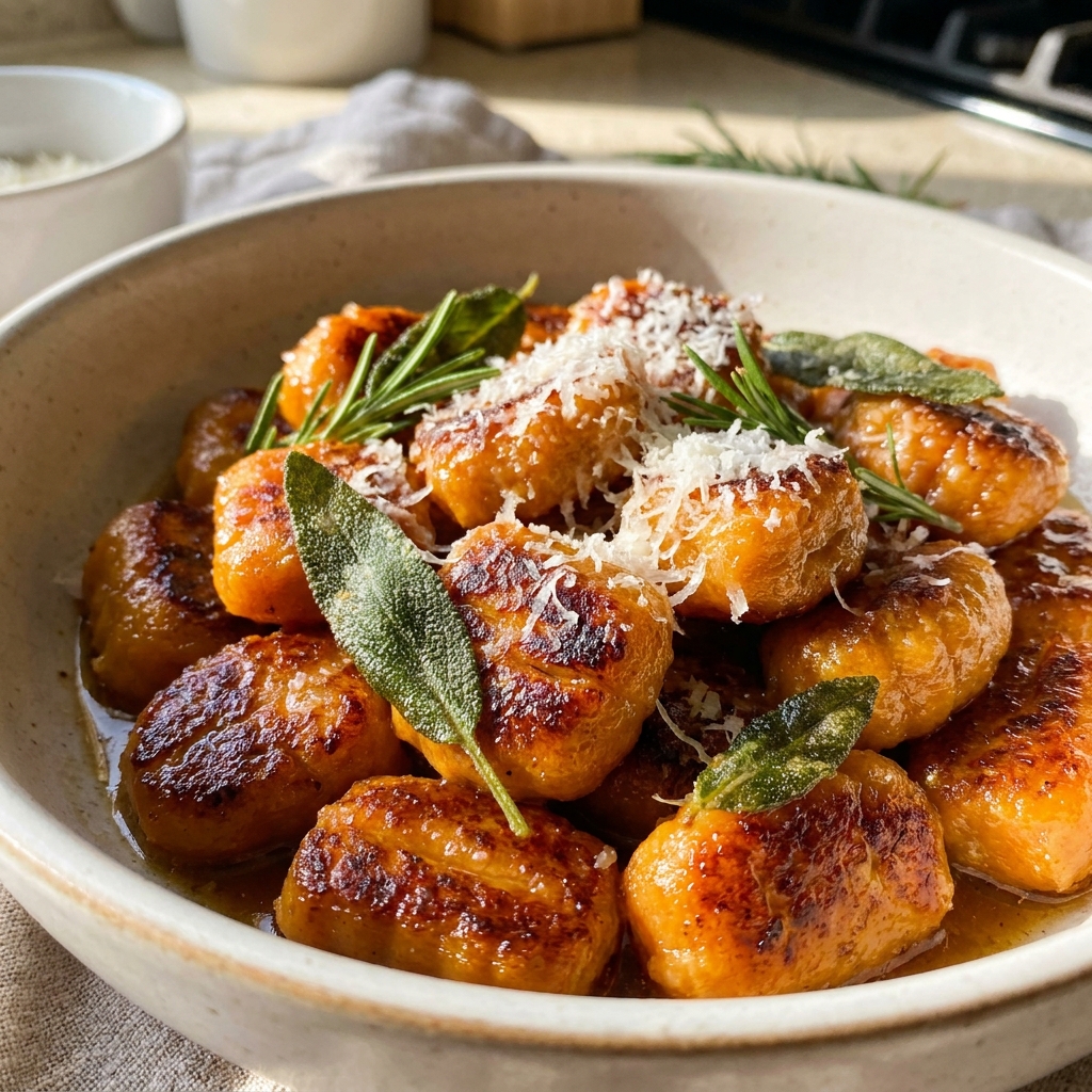 Hands shaping sweet potato gnocchi dough on a floured wooden board.