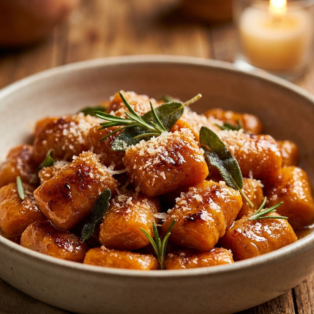 Plated sweet potato maple brown butter gnocchi garnished with toasted pecans and parmesan.